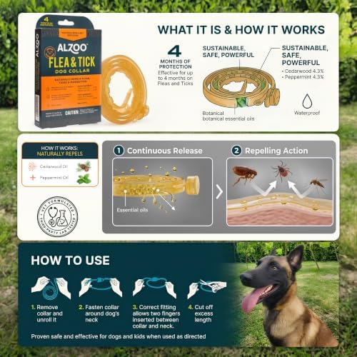 ALZOO Natural Flea & Tick Dog Collar - Helps Repel Fleas, Ticks & Mosquitoes - 100% Plant-Based Active Ingredients - Waterproof - Up to 4 Months Protection - Medium-Sized Dogs: 16-40 lbs - Pack of 3