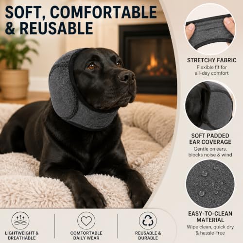 Dog Ear Muffs Noise Protection, Adjustable Dog Ear Wrap Calming Hoodie, No Shake Ear Covers for Thunder, Vacuum, Grooming & Bathing, Polyester Noise Reduction Padding with Elastic Strap(Black,M)
