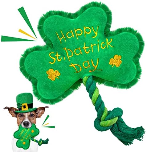 St. Patrick's Day Dog Toy, Squeaky Dog Toys with Rope, Plush Shamrock Clover Stuffed Toys, St. Patrick's Day Gifts for Small and Medium Dogs, Only Suitable for Pet Use