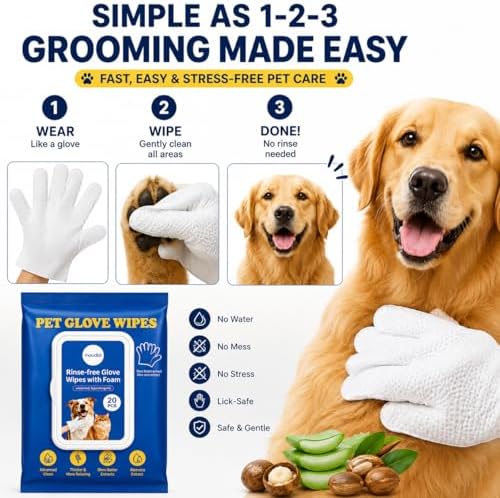 Pet Cleaning Gloves Wipes for Dogs & Cats – Disposable Grooming Gloves for Paws, Ears, Teeth & Body – Gentle & Easy No-Rinse Cleaning (20 Count)