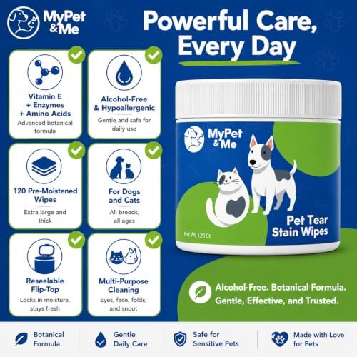 My Pet & Me Dog Eye Wipes – 120 Ct Eye Wipes for Dogs & Cats | Tear Stain Remover for Discharge & Crust | Fragrance-Free, Alcohol-Free with Vitamin E | Hypoallergenic Unscented No-Rinse Pads