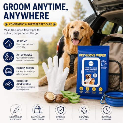 Pet Cleaning Gloves Wipes for Dogs & Cats – Disposable Grooming Gloves for Paws, Ears, Teeth & Body – Gentle & Easy No-Rinse Cleaning (20 Count)
