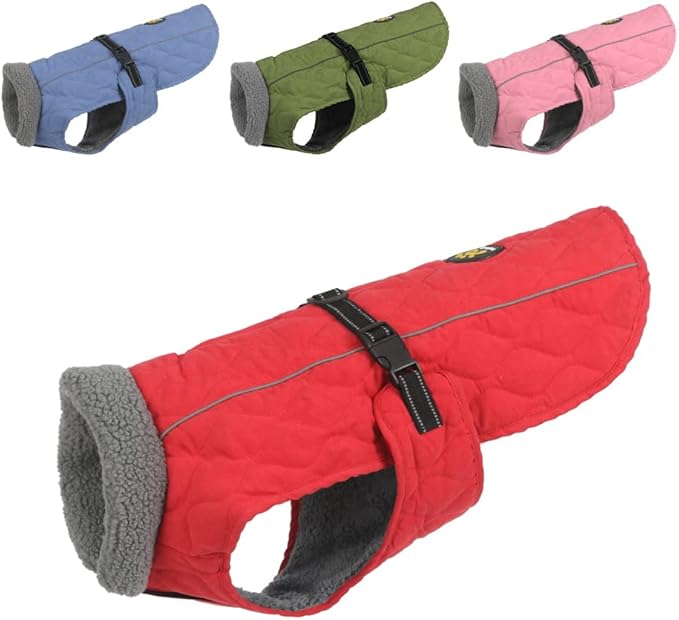 Winter Dog Coats, Warm Fleece Doggie Coat for Small, Medium and Large Dogs, Adjustable Dog Jacket Winter with Nylon Buckle, Reflective Safety Cold Weather Coats for Dogs, Red M