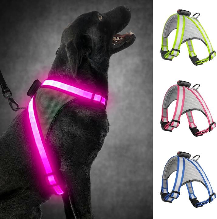 Visinite LED Dog Harness, USB Rechargeable Light Up Dog Vest, 2 Illuminate Modes Glow in The Dark Dog Harness, Adjustable Lighted Pet Harness Light for Night Walking Safety (Pink, XL)