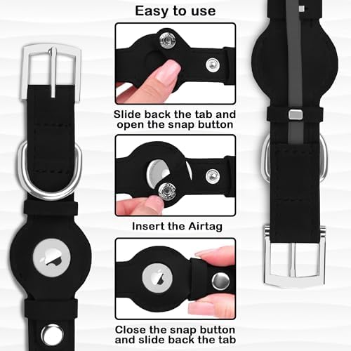 Leather Dog Collar with Airtag Holder - Apple Air Tag Dog Collars - Soft Tracking GPS Pet Collar for Small Medium Large Dogs Breed Puppy (Black, L, 15"-19" Neck Fit)