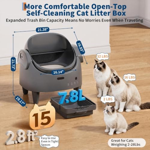 Automatic Self-Cleaning Cat Litter Box with App, Open Top, Gray