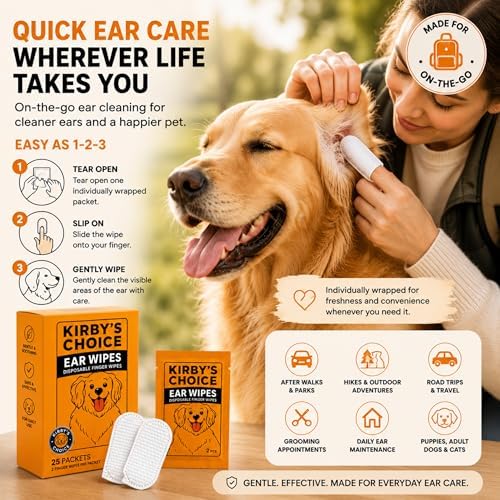 Kirby’s Choice Dog Ear Cleaning Finger Wipes – 50 Wipes, 25 Individually Wrapped 2-Packs | Dog Ear Wipes for Cleaning Dirt, Wax & Debris | Gentle No-Rinse Ear Cleaner for Dogs