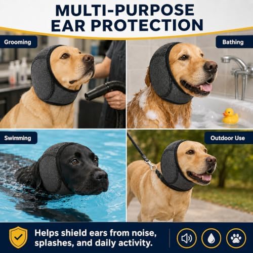Dog Ear Muffs Noise Protection, Adjustable Dog Ear Wrap Calming Hoodie, No Shake Ear Covers for Thunder, Vacuum, Grooming & Bathing, Polyester Noise Reduction Padding with Elastic Strap(Black,M)