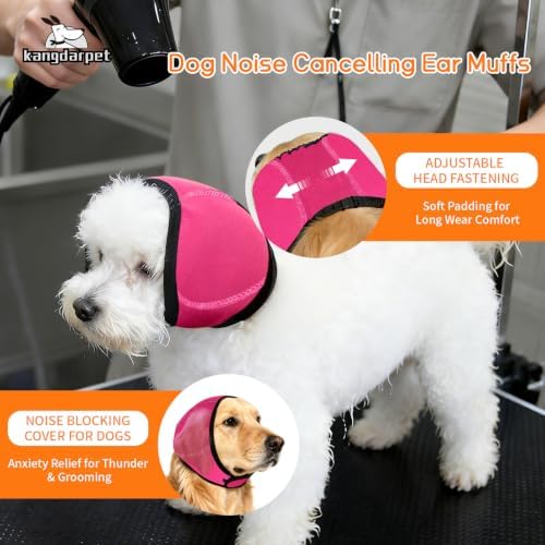Upgraded Dog Ear Muffs for Noise Protection & Anxiety Relief, Adjustable No Shake Ear Wrap for Firework, Hematoma, Bathing, Swim, Grooming and Force Drying (Fuchsia, L(Head Size:18"-24"))