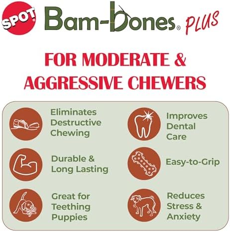 SPOT Bam-Bones Plus Branch -Bamboo Fiber & Nylon, Durable Long Lasting Dog Chew for Aggressive Chewers – Great Toy for Adult Dogs & Teething Puppies Under 60lbs, Non-Splintering, 5.75in, Beef Flavor