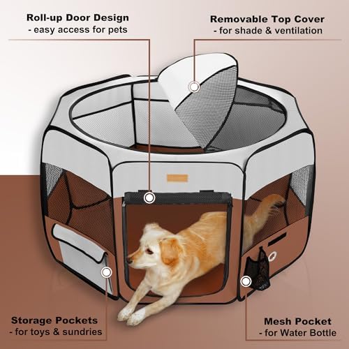 Akinerri Portable Dog Playpen, Foldable Pet Play Pen for Puppy Cat, Brown
