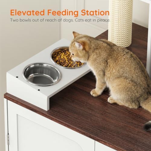 HOOBRO Modern Automatic Litter Box Enclosure with Charging Station, Large Cat Litter Boxes Furniture for Self-Cleaning Litter Boxes, All-in-One Dog Proof Feeding Station, White and Walnut WH69UMZ03