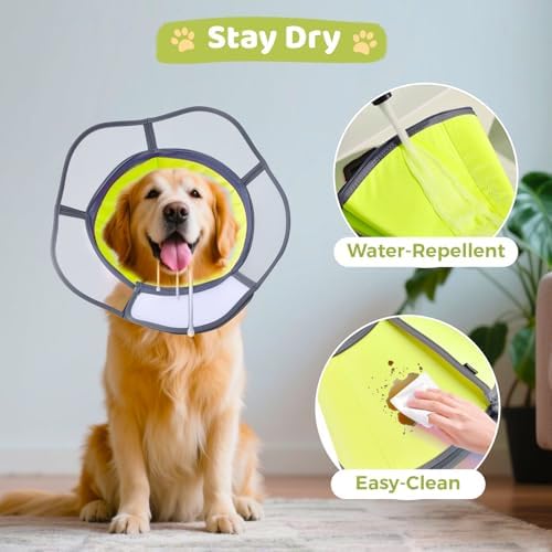 Soft Dog Cone Collar After Surgery Recovery,Adjustable E-Collar with Removable Shield,Lightweight,Breathable Anti-Licking Protective Cone for Large,Medium,Small Pets (Neon Green, M (Neck:12''-15''))