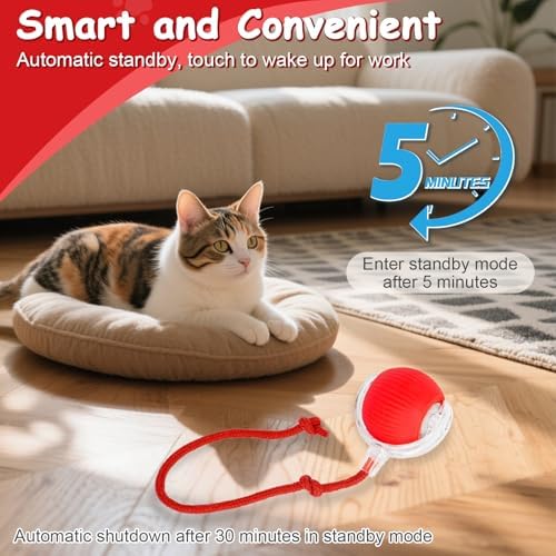 Interactive Cat Toys Smart Ball for Cats and Dogs, 360° Automatic Rolling Chase, 2 Rapid-Action Tails, Designed for Indoor pet Exercise, Boredom Relief, and Fun Chase Play.(Red)