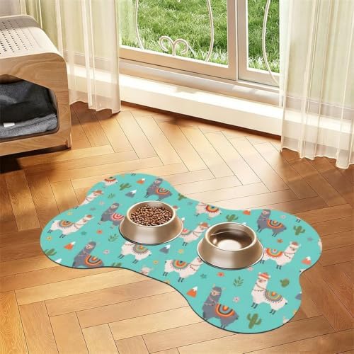 Llama Mint Green Dog & Cat Food Mat Bone Shaped Pet Feeding Mat