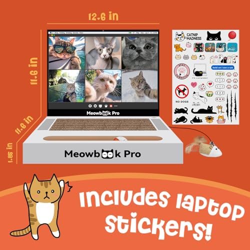 Cat Scratcher Laptop Cat Toy with 'Mouse' Jingle Ball, Stickers