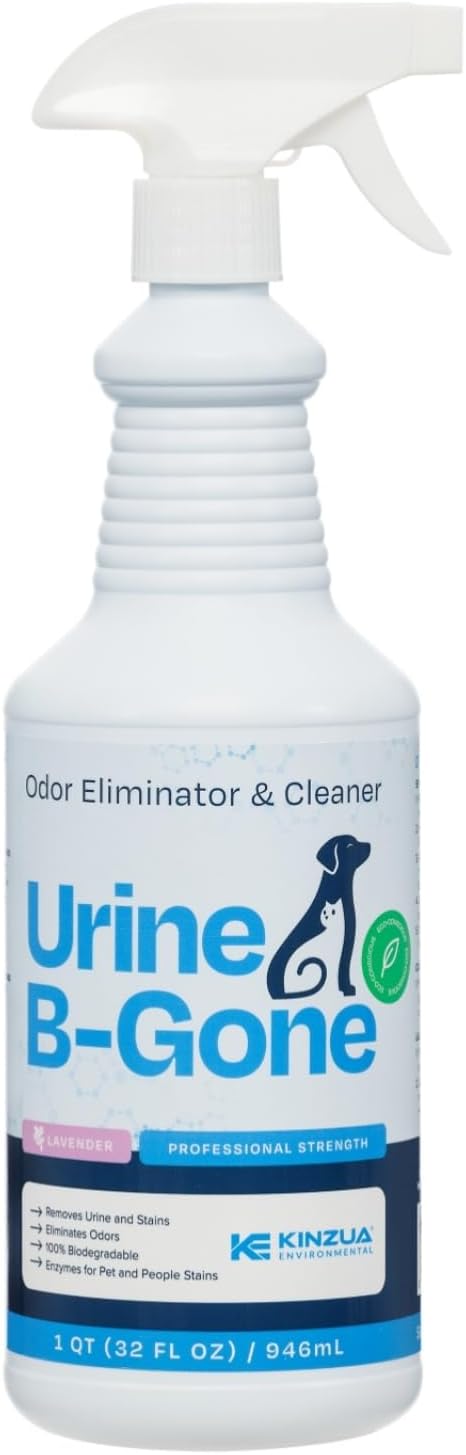 KINZUA ENVIRONMENTAL Urine B-Gone, Professional Enzyme Odor Eliminator & Pet Stain Remover, Human, Cat & Dog Urine Cleaner, Effective on Laundry, Carpets & More, Lavender Scent, 32oz