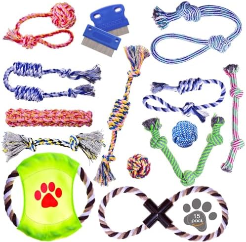 Pets&Goods Dog Grooming Combs & Rope Toy Bundle - Gentle Tear Stain Remover and 13-Pack Durable Rope Toys for Puppies & Small Dogs