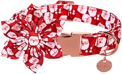 DOGWONG Christmas Dog Collar with Flower, Red Santa Claus Dog Collar Soft Durable Adjustable Cotton Puppy Collar for Small Medium Large Dog