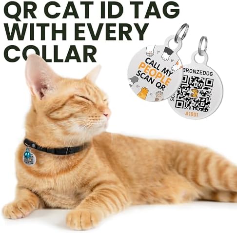 BRONZEDOG Cat Collar with Bell Kitten Rolled Leather Collars Safety QR ID Name Tag (Black Midnight)