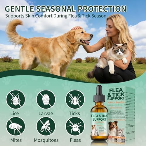 Flea and Tick Support for Dogs & Cats Drops - Flea and Tick Drops Supplement with Multivitamins & Omega-3, Skin & Coat Support for Dogs & Cats, All Breeds & Sizes - 60ml
