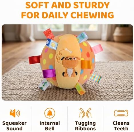 Colorful Squeaky Hanging Dog Training Toy, 6-Inch Squeaky Hanging Dog Toy, Soft Stuffed Ball with Cotton Material, Built-in Bell, Interactive Tug Chew Toy for Small Medium Dogs Indoor Play Fun (Mix-5)