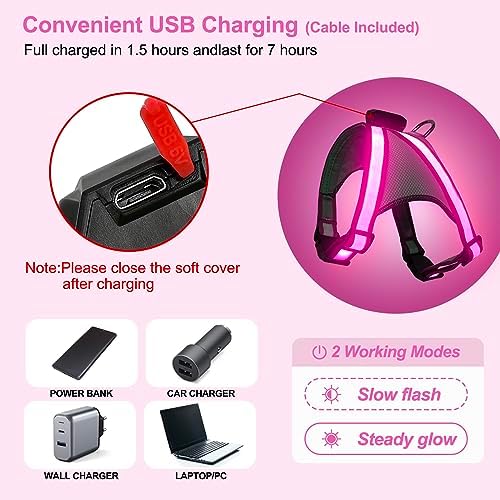 Visinite LED Dog Harness, USB Rechargeable Light Up Dog Vest, 2 Illuminate Modes Glow in The Dark Dog Harness, Adjustable Lighted Pet Harness Light for Night Walking Safety (Pink, XL)