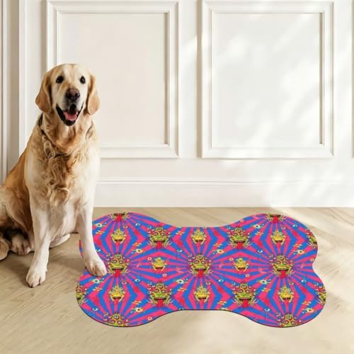 Bone Shaped Pet Food Mat for Floors (Trippy Tie Dye Acid Eyes Monster)