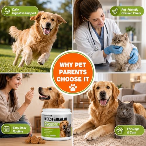 Probiotic Chews for Dogs & Cats Digestive & Gut Health Support, Help Your Pets Skin Coat & Immune Support, 5-Strain Blend, Prebiotics & Enzymes, Pumpkin, Papaya, Chicken Flavor, 100 Count