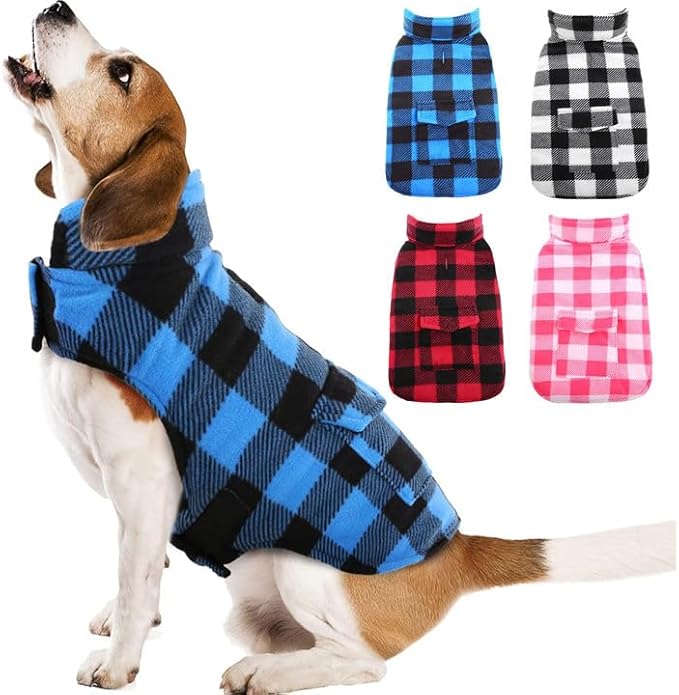 Kuoser Dog Winter Coat, Windproof Dog Fleece Jacket British Style Plaid Cold Weather Doggie Vest Coats, Reversible Cozy Warm Pet Clothes Apparel for Medium Dogs M