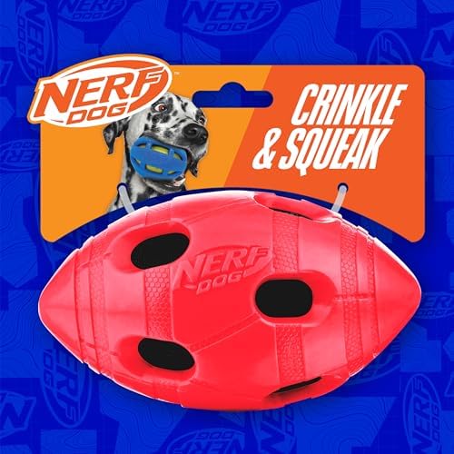 Nerf Dog Rubber Football Dog Toy with Interactive Squeaker and Crunch, Lightweight, Durable and Water Resistant, 6 Inch Diameter for Medium/Large Breeds, Single Unit, Red