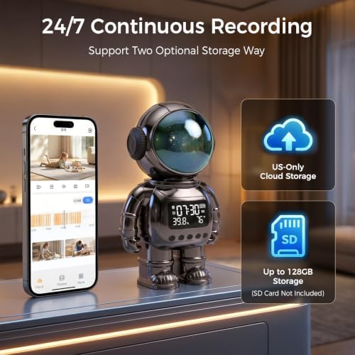 2K Astronaut Indoor Clock Camera, WiFi‑6 2.4G/5G Baby Pet Monitor, Temp‑Humidity Display, 2‑Way Audio, Color Night Vision, AI Baby Cry / Human Detection, TF Card & Cloud Storage, Works with Alexa