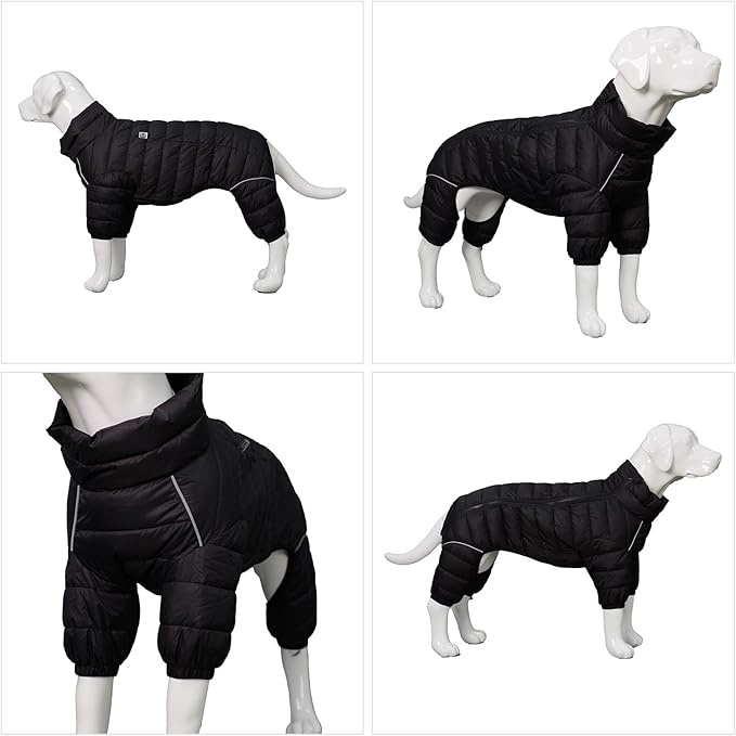 Dog Warm Jacket, 4 Legs Covered Waterproof Windproof Reflective Warm Dog Vest, Zippered Adjustable Snow Jacket for Small to XL Dogs, Black