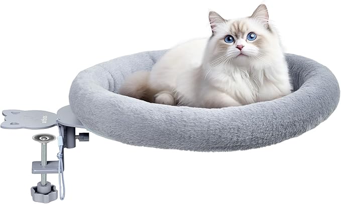 Rotating Cat Desk Bed for Remote Workers, Home Office Staff and Gamers ，Quality Soft Cat Bed, 360° Swivel, Removable Washable Cushion, Comfortable and Easy to Assemble, Supports up 40 lbs(Dark Gray