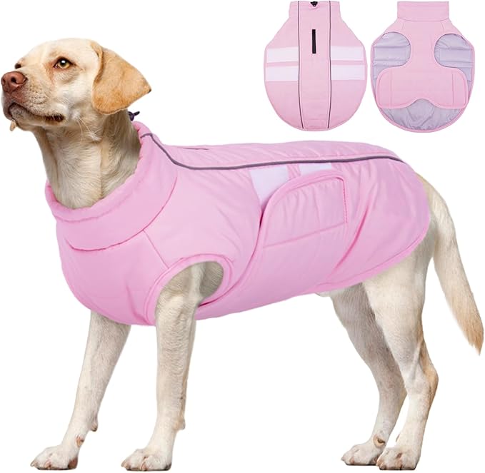 Kuoser Dog Jacket, Dog Coats for Large Dogs Winter Waterproof, Reflective Doggie Vest with Leash Hole, Cold Weather Coats Pet Snow Jacket for Labrador Beagle, Pink XL