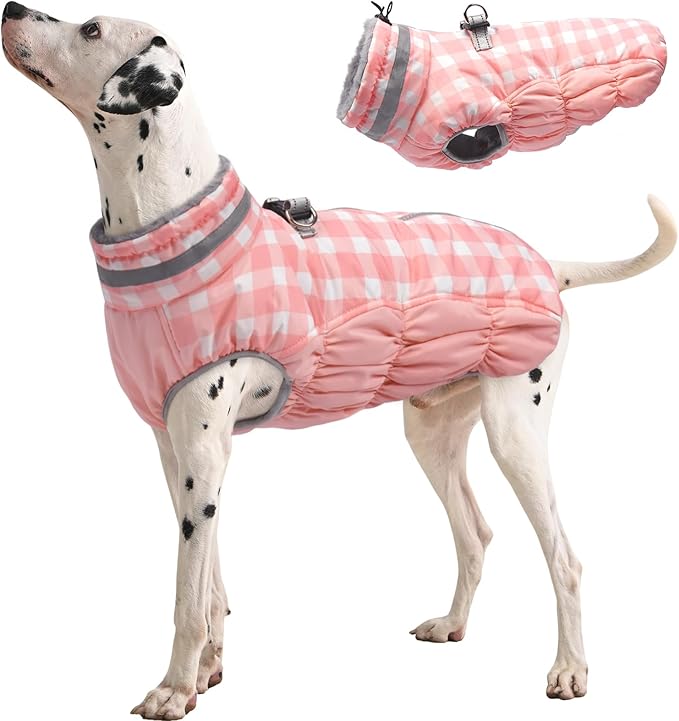 FUAMEY Dog Coat for Large Dogs,Waterproof Dog Winter Jacket with Harness Built in Puppy Cold Weather Coats Reflective Pet Vest with Zipper Warm Fleece Dogs Snowsuit Windproof Pink Plaid L