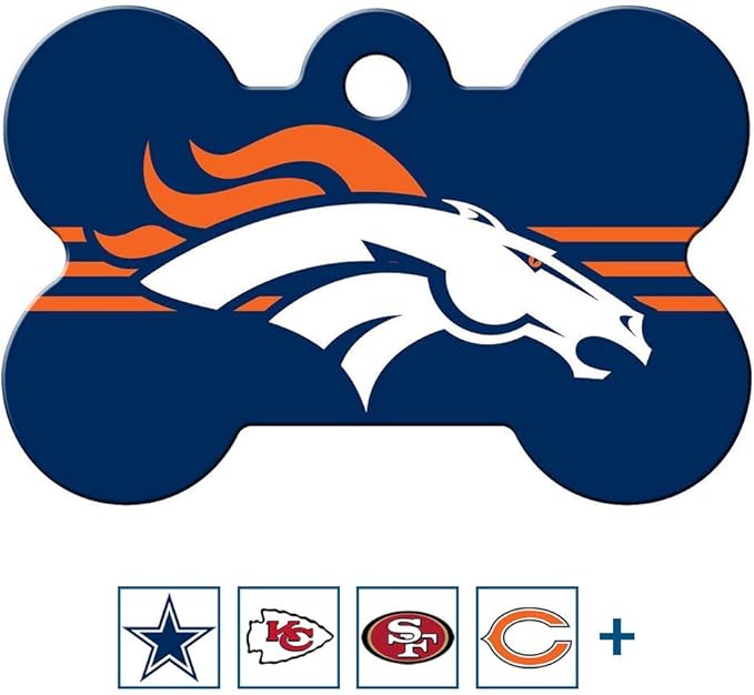 GoTags Personalized Denver Broncos Dog Tag, Brass Metal Bone Shape Pet ID Tag Engraved with Name and Custom Text, Every NFL Football Team Pet Apparel (Large)