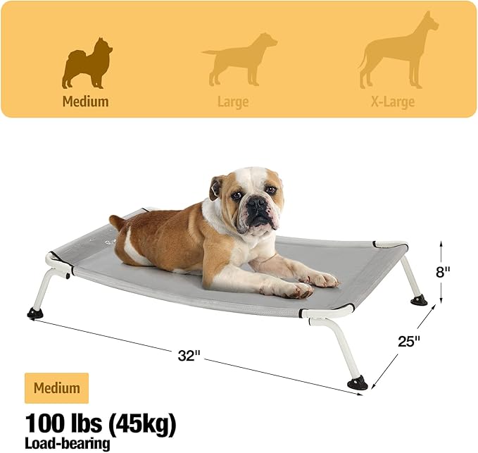 Veehoo Elevated Dog Bed for Outdoor, Cooling Waterproof Raised Dog Cots Beds for Medium Dogs, Curved Off Ground Pet Hammock Cot Lifted for Outside, up to 65lbs, White Legs, Grey 32"