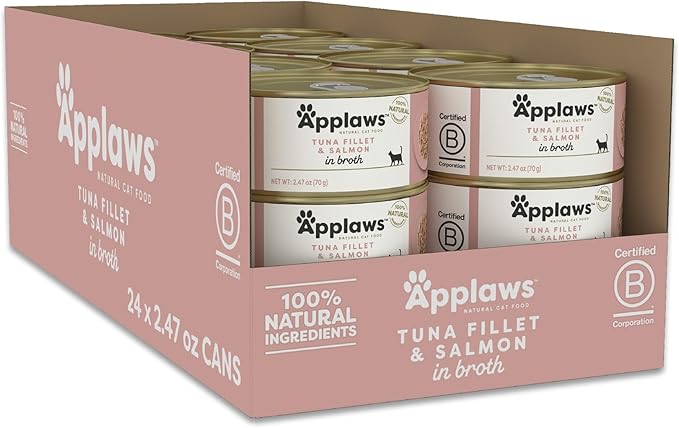 Applaws Natural Wet Cat Food in Broth, Limited Ingredient Canned Wet Cat Food, No Additives, Made with Natural Ingredients, Tuna Fillet with Salmon in Broth (24 x 2.47oz Cans)