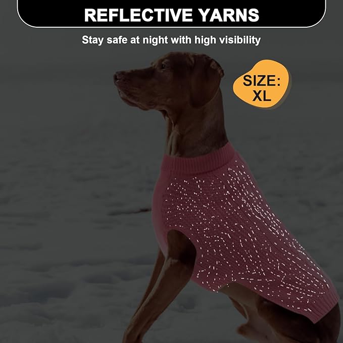 XL Dog Sweater, Classic Cable Knit Warm Dog Sweatshirt with Reflective Yarn for Girl Boy, Halloween Fall Winter Coat Turtleneck Pullover Clothes Apparel for Small Medium Large Dogs (Pink XL)