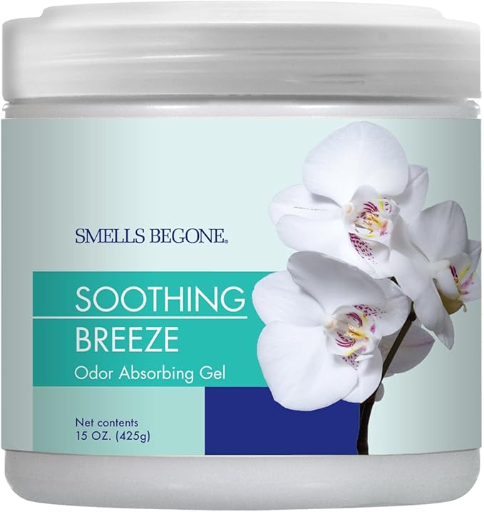SMELLS BEGONE 15oz Gel Odor Eliminator - Absorb & Remove Tough Odors in Pet Areas, Bathrooms, Basements, Garage, Cars, RVs & Boats - Eliminate Odors with Essential Oils (Soothing Breeze)