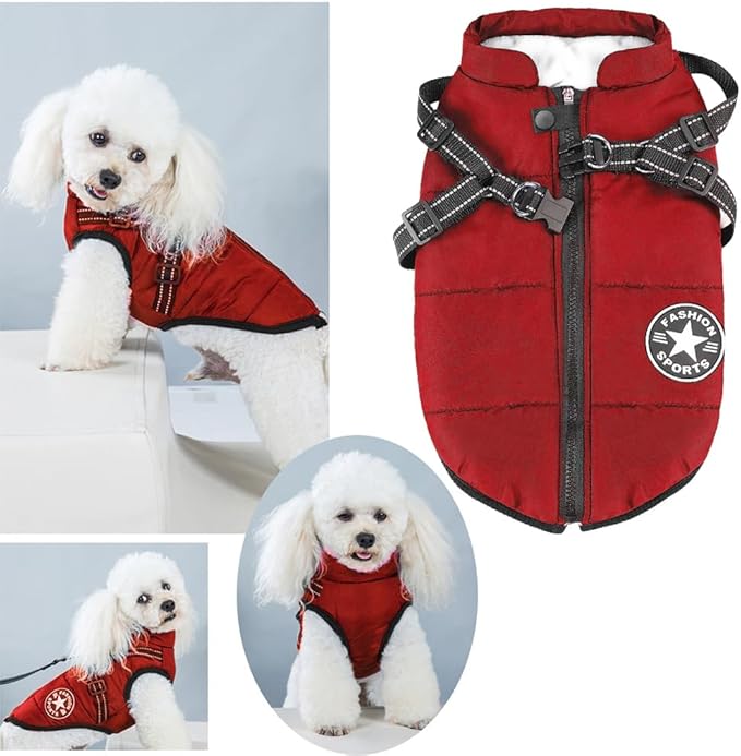 Aiboria Dog Jacket Windproof Warm Pet Fleece Coat Dog Sweater Padded Vest with Chest Strap Harness Red L