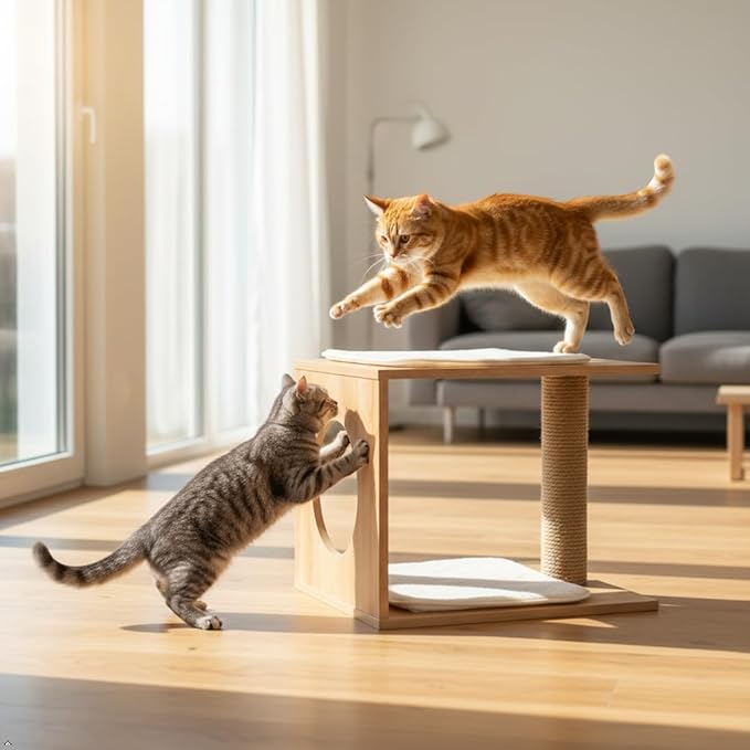VICTORY RELAX Modern Cat Tree & Condo - Natural Wooden Cat House Indoor with Cozy Kitten Bed, Elevated Perch & Integrated Scratching Post - Stylish Cat Furniture (18.3" D x 14.6" W x 14.6" H)