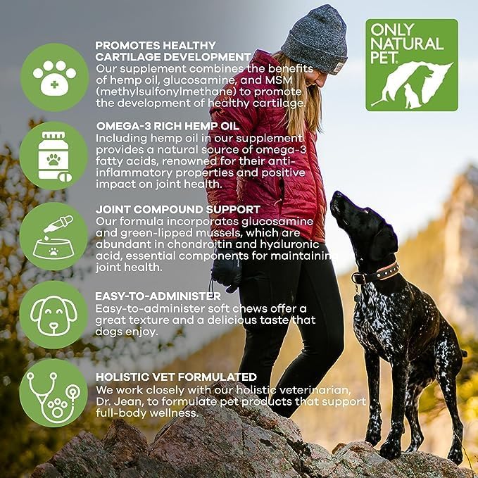 Only Natural Pet Hemp Advanced Mobility Support for Dogs Holistic Wellness Hip Bone Joint Health - Inflammatory Function Relieves Pain Stiffness Green Lipped Mussels Turmeric (HA) 60 Count - 2 Pack