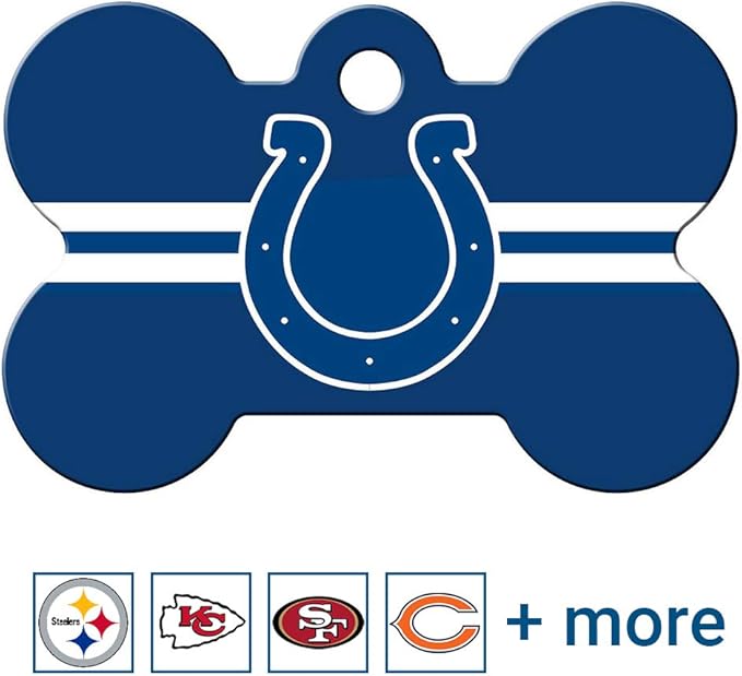 GoTags Personalized Indianapolis Colts Dog Tag, Brass Metal Bone Shape Pet ID Tag Engraved with Name and Custom Text, Every NFL Football Team Pet Apparel (Large)