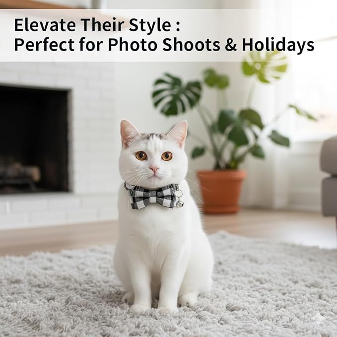 Plaid Breakaway Cat Collar with Bell & Removable Bow Tie – Cotton Kitten Collar with Bells for Boy Cats or Small Dogs. Adjustable Size 8-13.2in (Black)