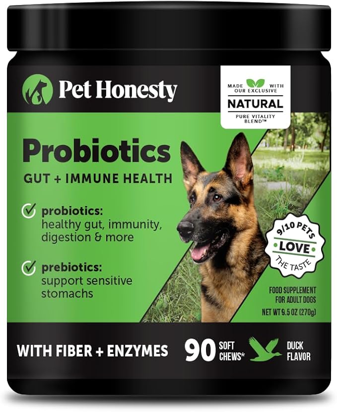 Pet Honesty Probiotics for Dogs - Digestive Enzymes Promotes Gut Health, Dog Probiotics for Bowel Support, Fiber for Regularity, Prebiotics for Immune Health & Gut Flora (Duck, 90 ct)