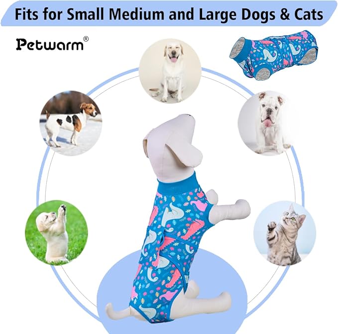 PetWarm Surgical Suit for Male Dogs, Dog Coat's Inner Clothes, Substitute E-Collar and Cone Prevent Licking Recovery Suit, Female Male Dog Onesie for Spay Neuter, Dinosaur Pattern, Multi-Colored, XS