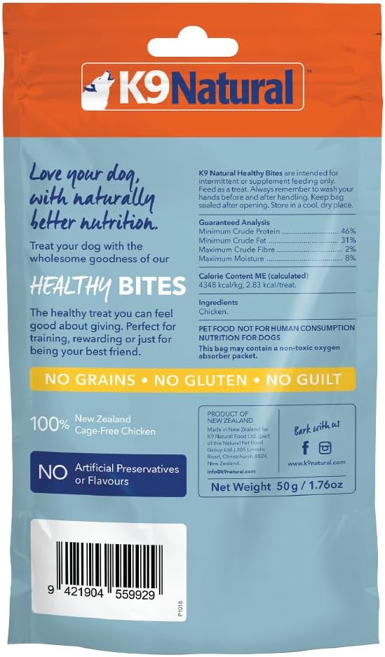 K9 Natural, Freeze-Dried Single Ingredient Dog Treats, High-Value, Low-Calorie Protein Bites for Active Dogs, Healthy Dog Training Treats, Grain-Free Reward, Chicken, 1.76oz