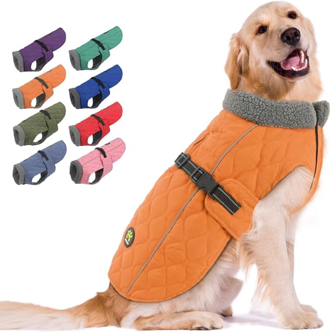 Dog Coats, Fleece Lining Winter Coats for Dogs, Adjustable Windproof Pet Cold Weather Coat, Quick Release Buckle Puppy Jacket for Small Medium Large Dogs, Orange S
